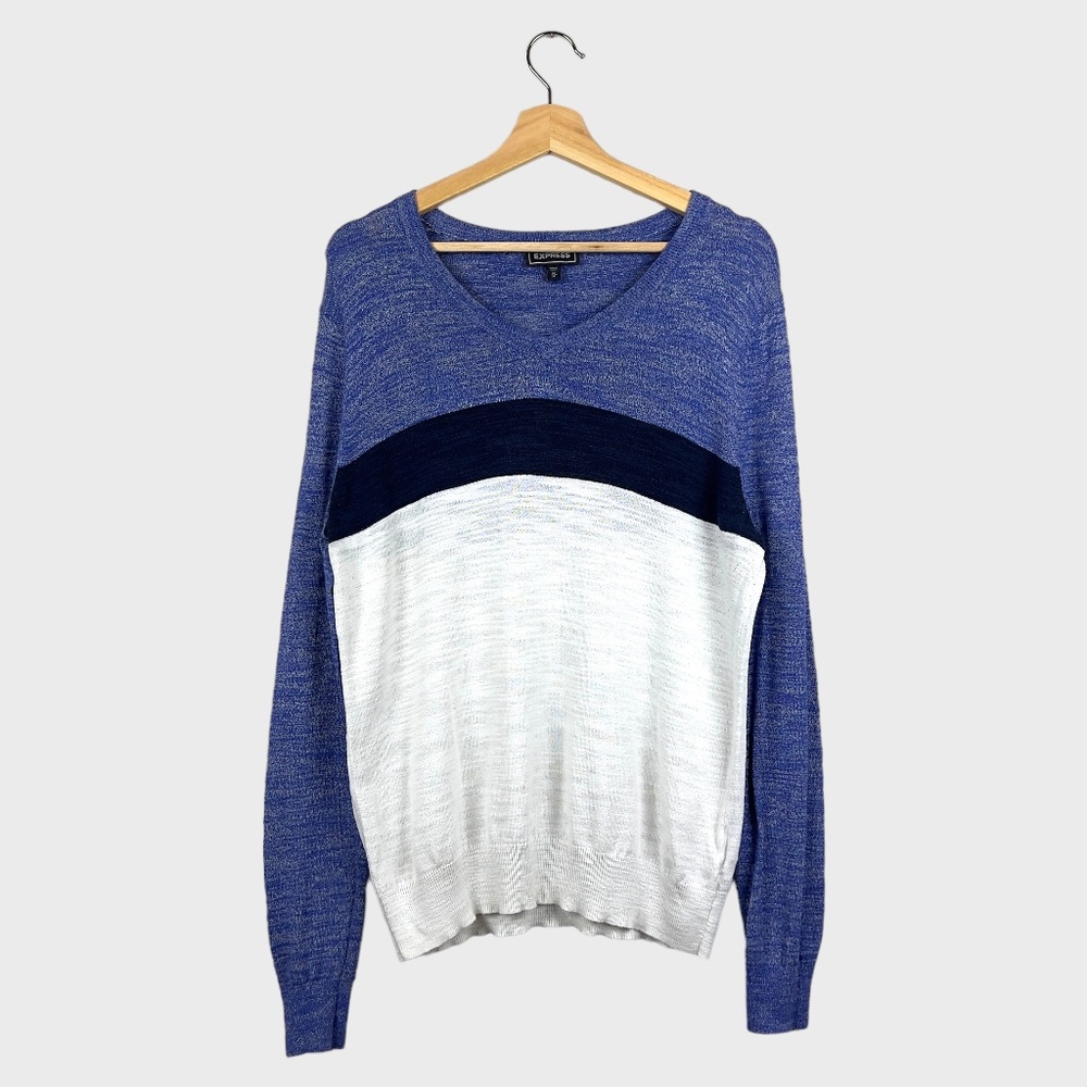 Express 2X Blue & White Marled Color-Block Lightweight V-Neck Sweater